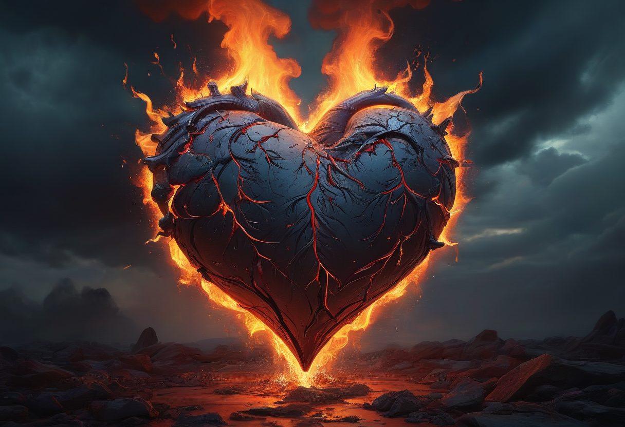 A heart engulfed in flames, representing intense emotions of grief and sadness, surrounded by dark, stormy clouds contrasting with glowing embers. Tears falling from the heart blend into the flames, symbolizing the duality of passion and pain. Silhouettes of figures in the background, reaching towards the heart in a moment of reflection. A dramatic, moody color palette with deep reds, blues, and grays. super-realistic. vibrant colors.