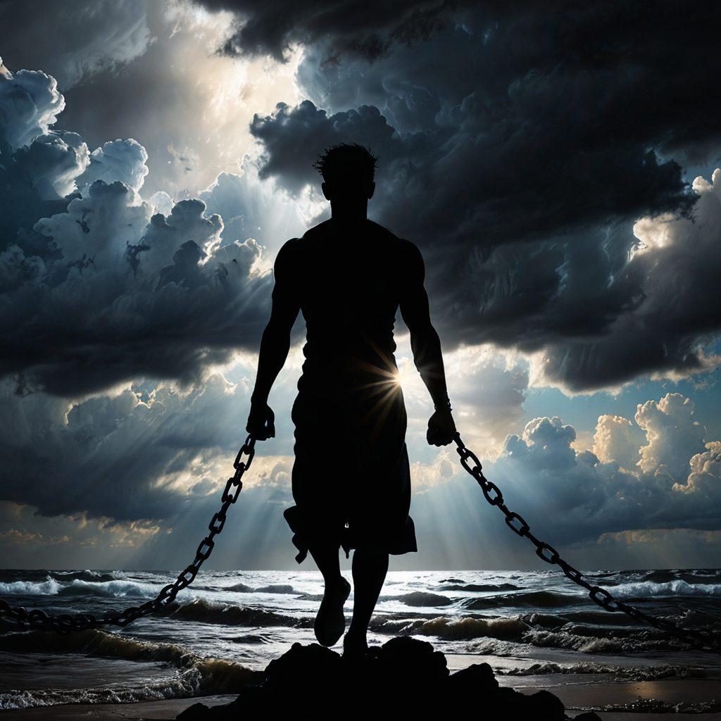 A powerful image depicting a figure transforming from a shadowy silhouette representing sorrow to a vibrant, glowing figure symbolizing strength and resilience. Incorporate elements like broken chains to signify liberation, and a backdrop of stormy clouds clearing to bright sunshine, illustrating the journey from darkness to light. Emphasize contrasting colors to highlight the emotional transition. surrealistic. vibrant colors. dynamic composition.