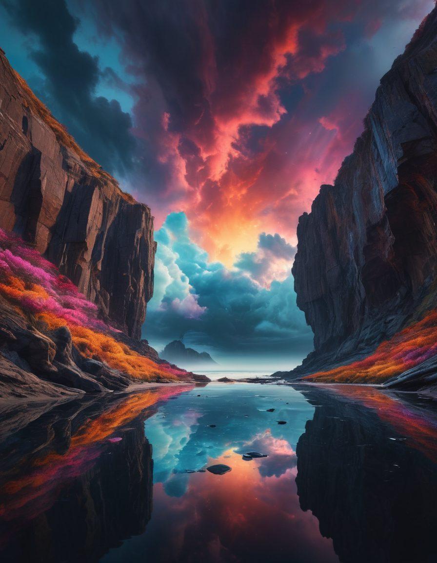 A surreal landscape featuring a spectrum of colors blending into a cloudy sky, with dark, moody tones representing melancholy contrasted by vibrant bursts of light symbolizing emotional breakthroughs. A figure stands at the edge of a cliff, gazing into the horizon, embodying reflection and introspection. The foreground includes abstract shapes and emotions taking form, illustrating the X-factor of these moments. dreamlike and introspective. super-realistic. vibrant colors. 3D.